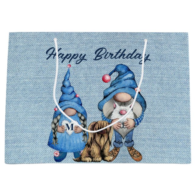 Happy Birthday With Denim Gnomes  Large Gift Bag (Front)