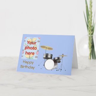 Happy Birthday with drum kit add your photo Card