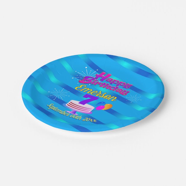 Happy Birthday with Gradient Stripes on BLUE Paper Plate (Angled)