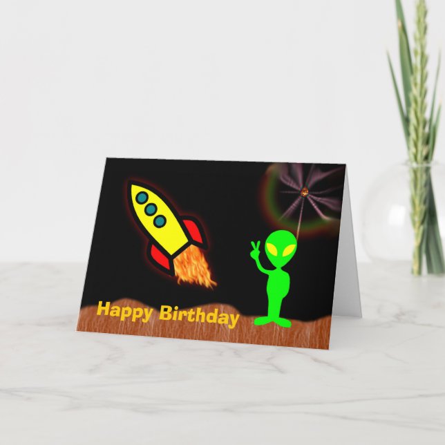 Happy Birthday with martian alien for boy rocket Card (Front)