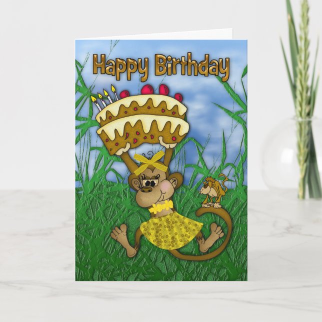 Happy Birthday with monkey holding cake Card (Front)