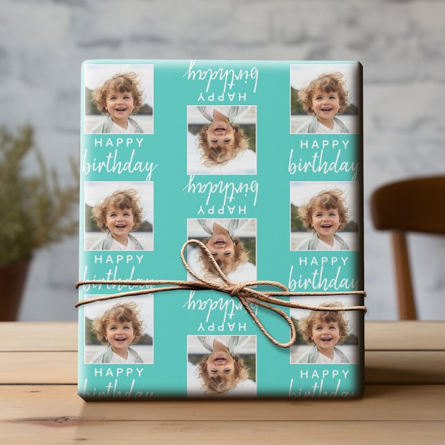 Happy Birthday with One Square Photo - aqua Wrapping Paper (Custom Photo Wrapping Paper)