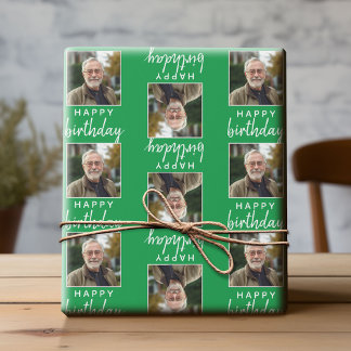 Happy Birthday with One Square Photo - green Wrapping Paper