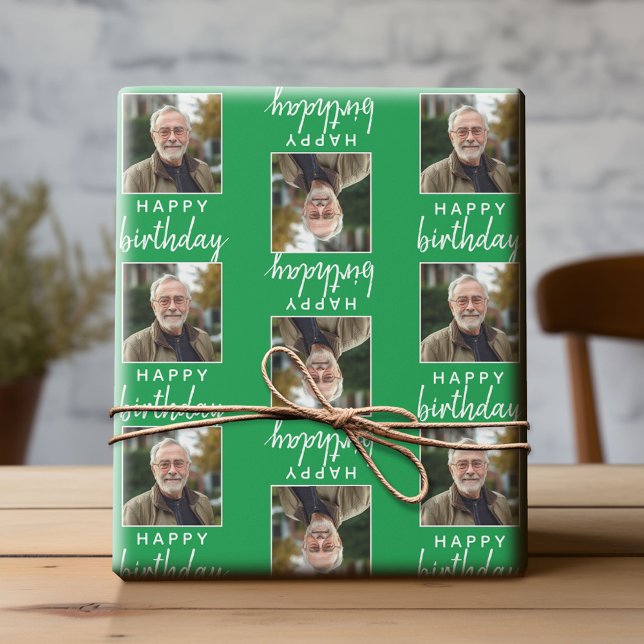 Happy Birthday with One Square Photo - green Wrapping Paper (Custom Photo Wrapping Paper)