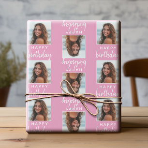 Happy Birthday with One Square Photo - pink Wrapping Paper