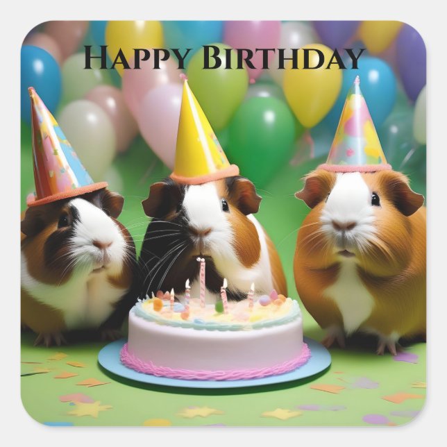 Happy Birthday With Party Guinea Pigs, Square Sticker (Front)