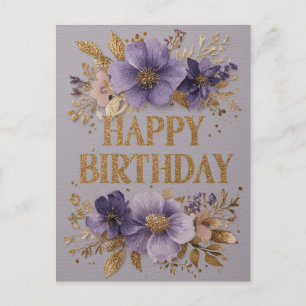 Happy Birthday with purple flowers and glitter Holiday Postcard