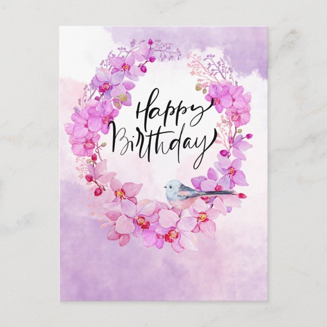 Happy Birthday with purple orchid watercolor Postc Postcard (Front)