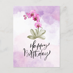 Happy Birthday with purple orchid watercolor Postcard