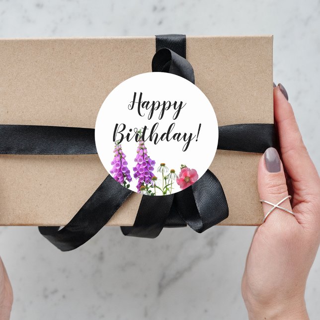 Happy Birthday with purple summer flowers Classic Round Sticker (Creator Uploaded)