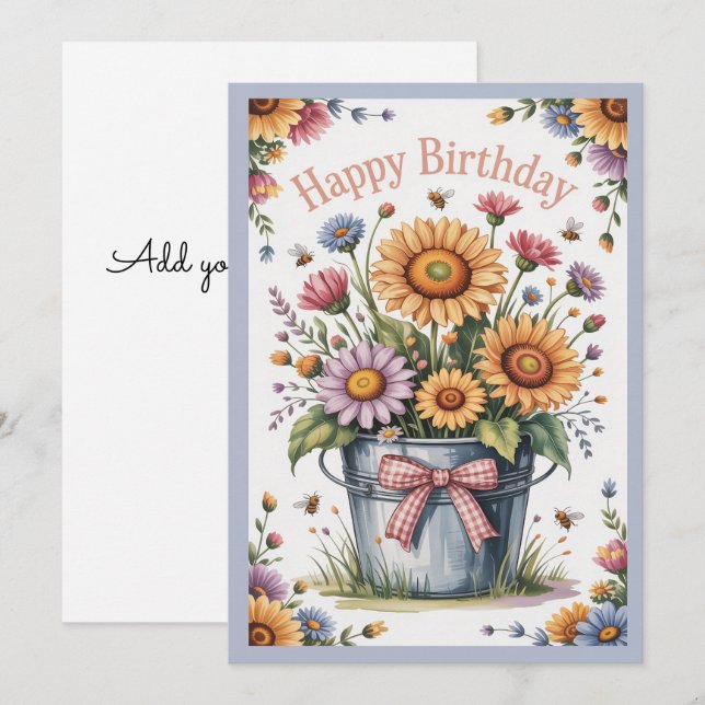 Happy birthday with sunflowers daisies and bees holiday card (Front/Back)