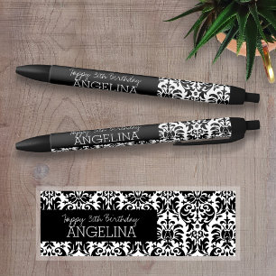 Happy Birthday with Trendy Black and White Damask Black Ink Pen