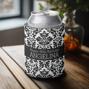 Happy Birthday with Trendy Black and White Damask Can Cooler