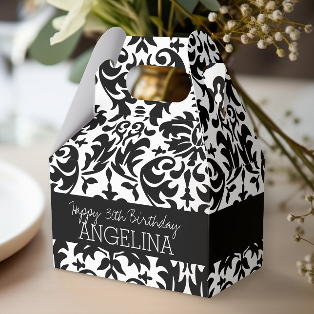 Happy Birthday with Trendy Black and White Damask Favor Box (Personalized favor box - birthday party)