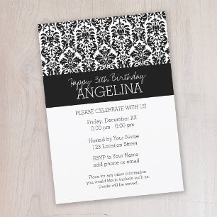 Happy Birthday with Trendy Black and White Damask Invitation
