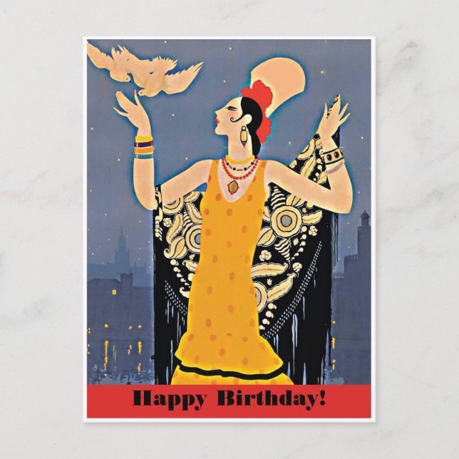 Happy Birthday with Vintage Lady from Spain Postcard (Front)