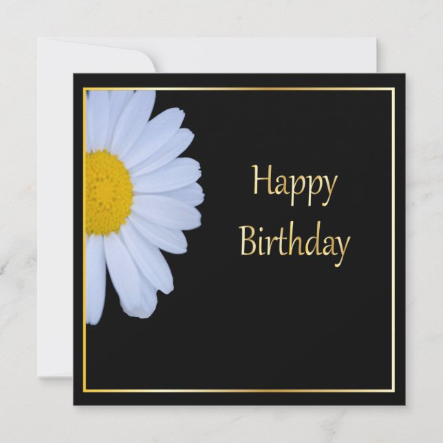 Happy Birthday with White Flower and Black Bkgrd Invitation (Front)