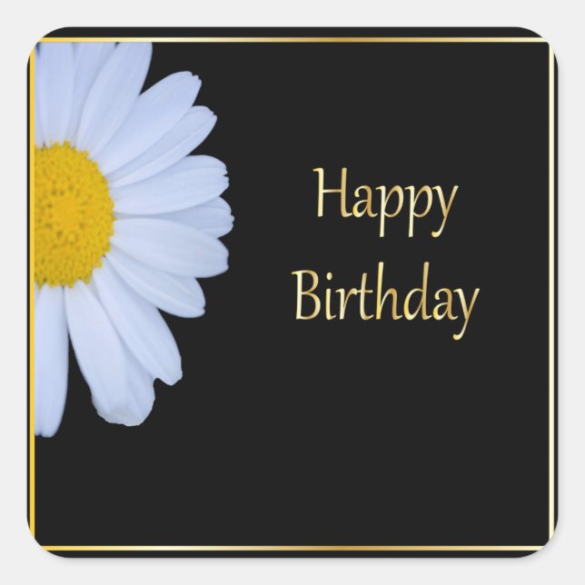 Happy Birthday with White Flower and Black Bkgrd Square Sticker (Front)
