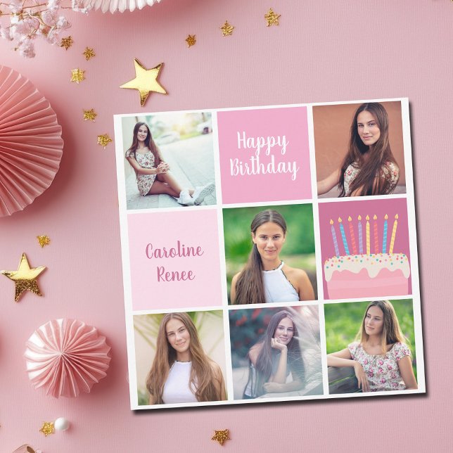 Happy Birthday Womens Photo Collage Custom Pink Card (Creator Uploaded)