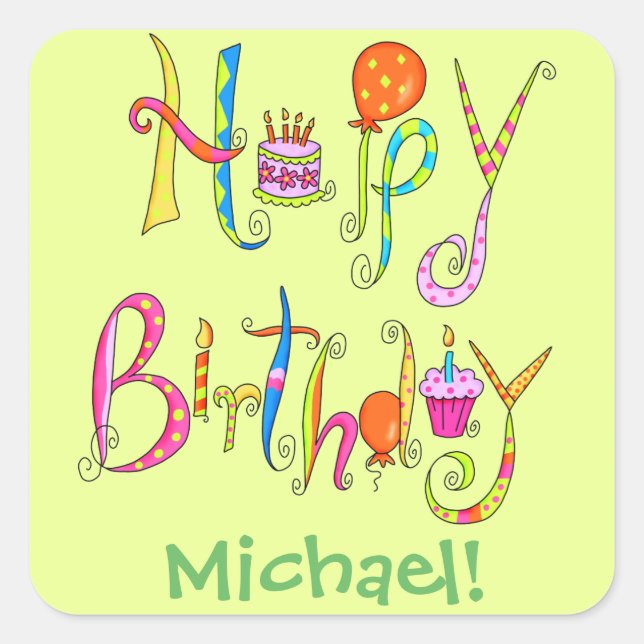 Happy Birthday Word Art Green Name Personalized Square Sticker (Front)