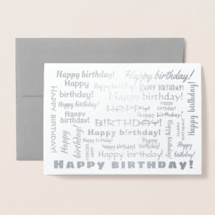 Happy Birthday Word Cloud Typography Silver Foil Card