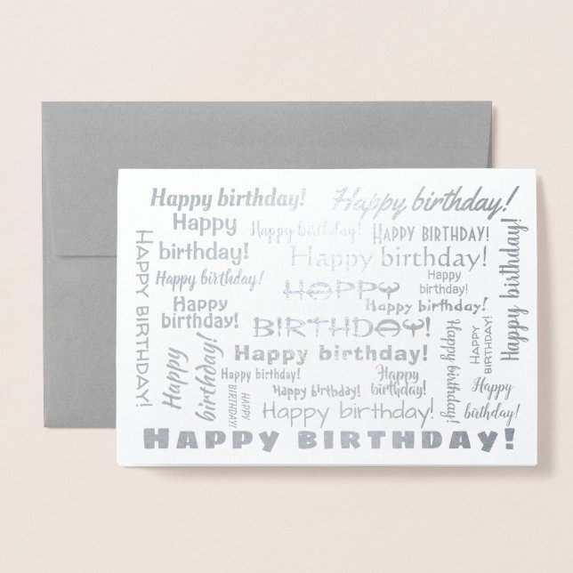 Happy Birthday Word Cloud Typography Silver Foil Card (Front With Envelope)