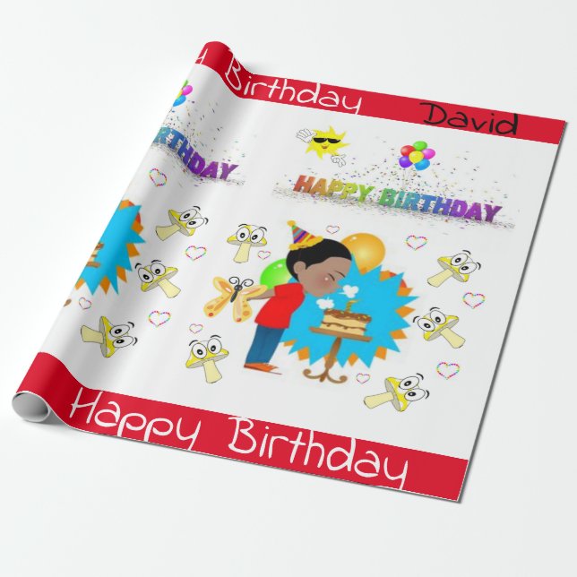 Happy Birthday Wrapping Paper African Boy Mushroom (Unrolled)
