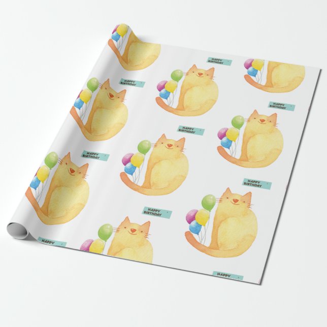 Happy Birthday Wrapping Paper Cat Lady Birthday (Unrolled)