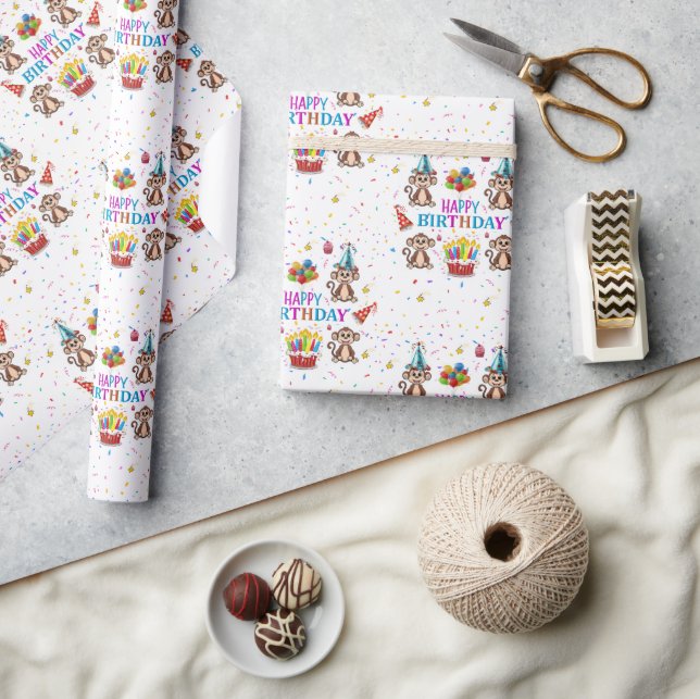 Happy Birthday Wrapping Paper Monkey Cupcake  (Crafts)