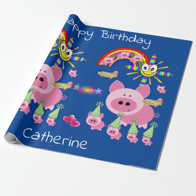 Happy Birthday Wrapping Paper Pink Pigs (Unrolled)