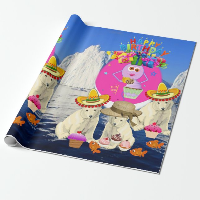 Happy Birthday Wrapping Paper Polar Bear (Unrolled)