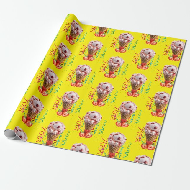 Happy Birthday Wrapping Paper Strawberry Ice Cream (Unrolled)