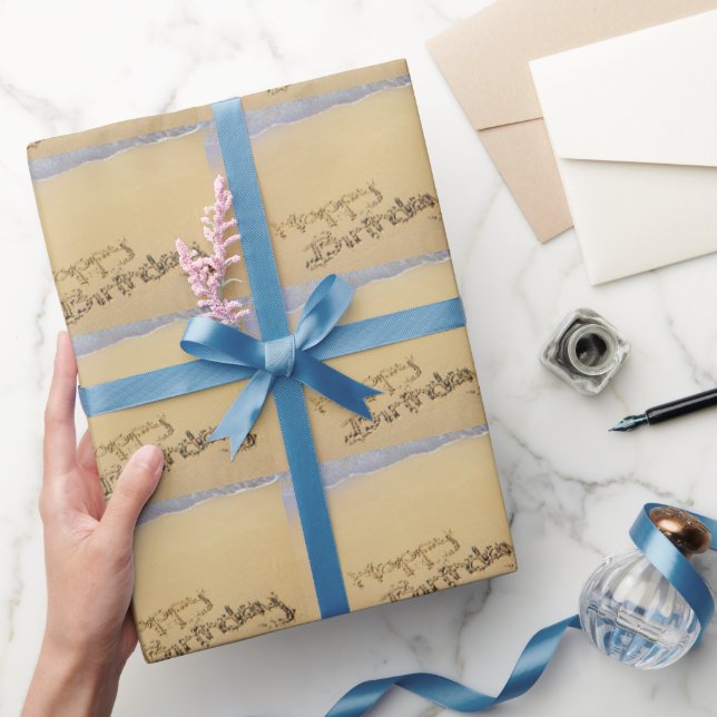 Happy Birthday Written in the Sand Pattern Wrapping Paper (Gifting)
