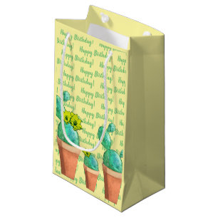 Happy Birthday Yellow Flowering Potted Cactus Small Gift Bag