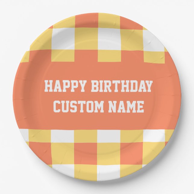 Happy birthday yellow gingham  paper plate (Front)