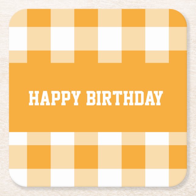 Happy birthday yellow gingham  square paper coaster (Front)