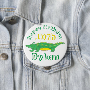 Happy Birthday Yellow Green Alligator Crocodile 4 Inch Round Button