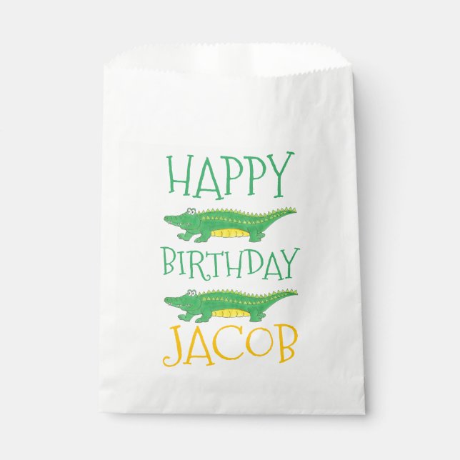 Happy Birthday Yellow Green Alligator Crocodile Favour Bag (Front)