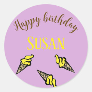 Happy birthday yellow ice cream on purple classic round sticker