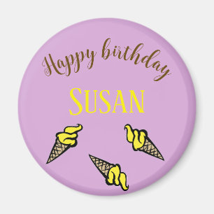 Happy birthday yellow ice cream on purple magnet