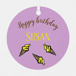 Happy birthday yellow ice cream on purple metal ornament