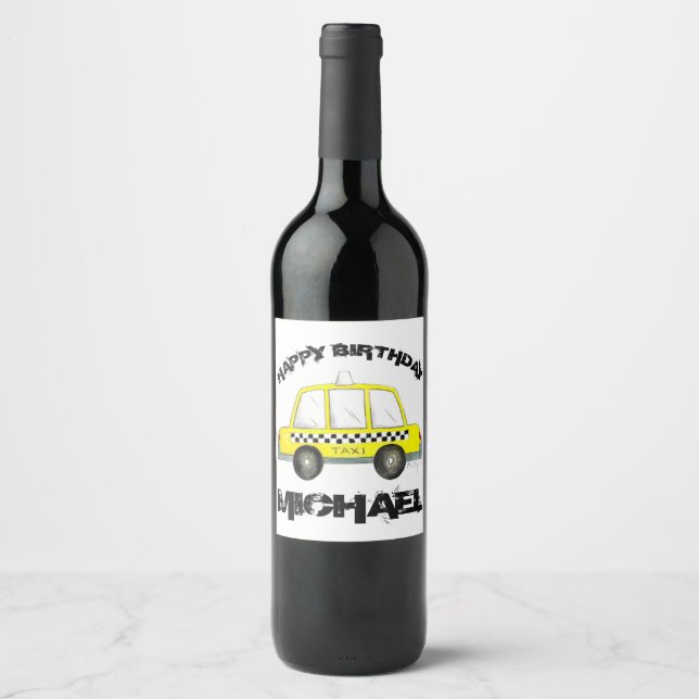 Happy Birthday Yellow NYC Chequered Taxi Cab Wine Label (Front)