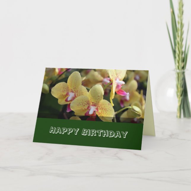 Happy Birthday, yellow orchid flowers Card (Front)