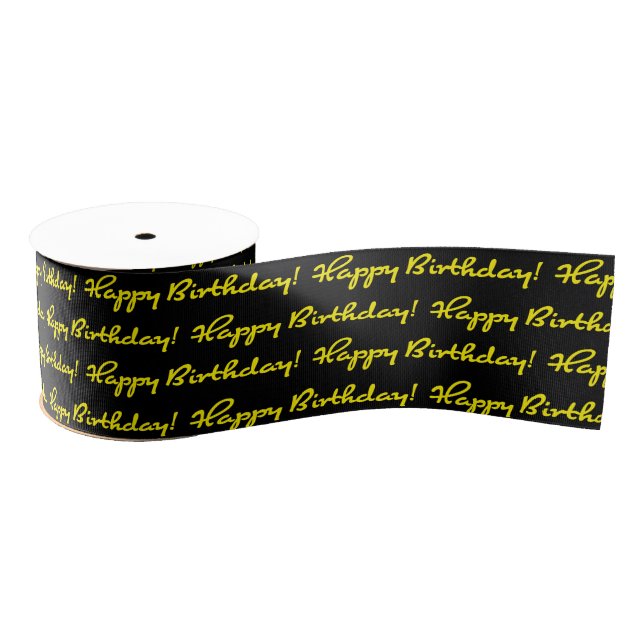 Happy Birthday! Yellow Pattern Casual Script Grosgrain Ribbon (Spool)