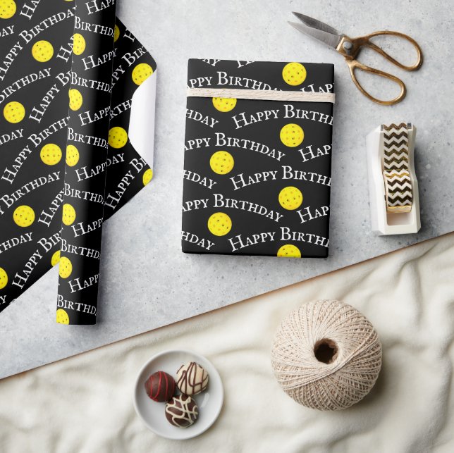 Happy Birthday Yellow Pickleballs On Black Wrapping Paper (Crafts)