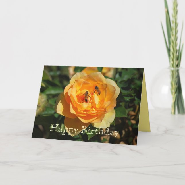 Happy Birthday Yellow Rose With Honeybees Card (Front)