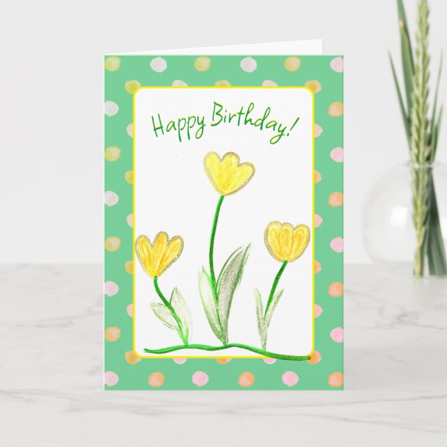 Happy Birthday Yellow Tulip Floral Art  Card (Front)