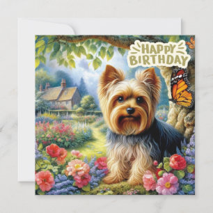 Happy Birthday Yorkshire Terrier Puppy and Garden Card