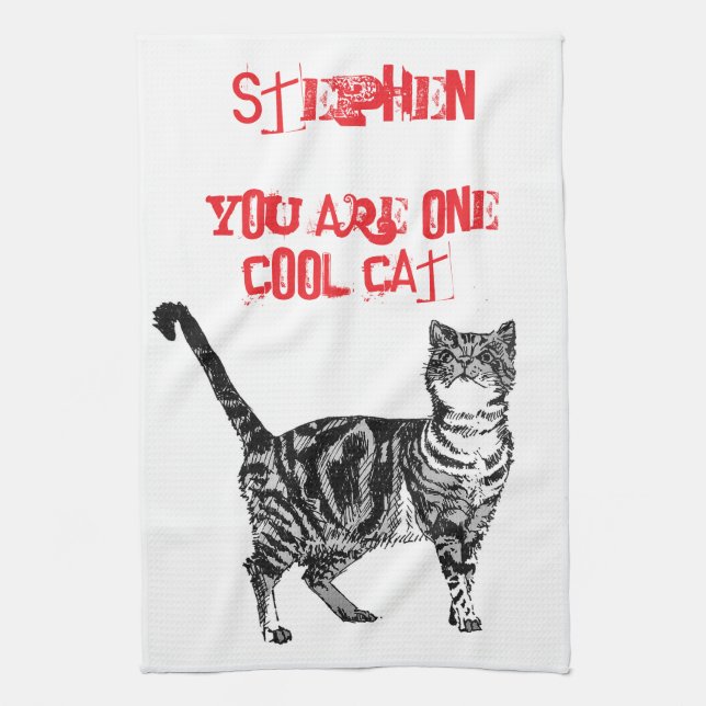 Happy Birthday You Cool Tabby Cat  Kitchen Towel (Vertical)