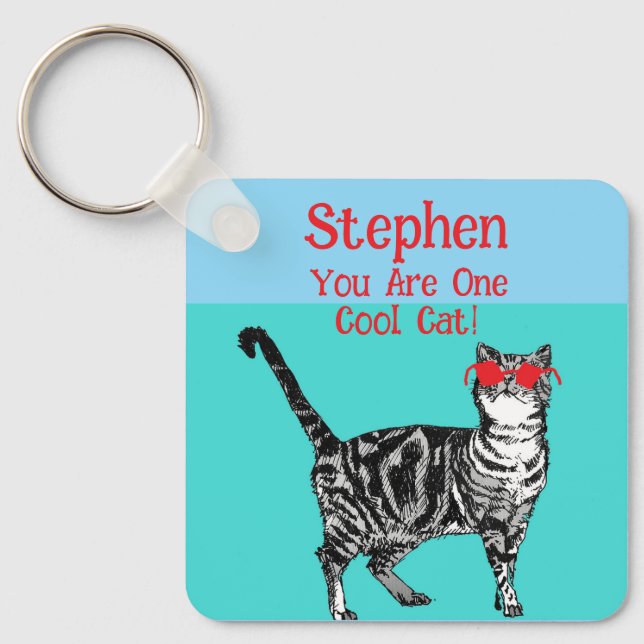 Happy Birthday You Cool Tabby Cat Mens Husband Keychain (Front)